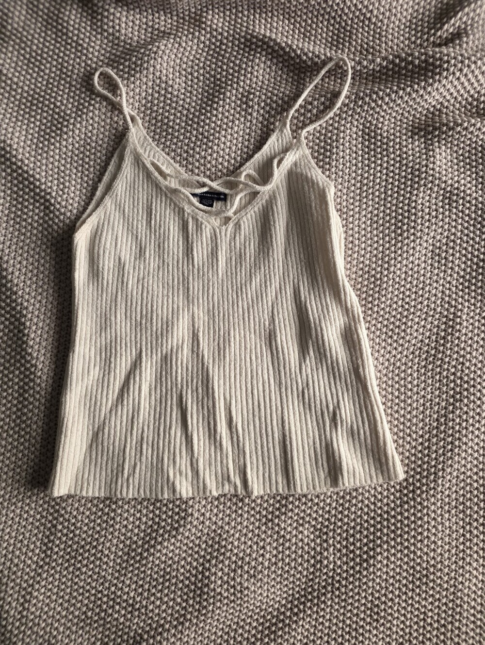 American Eagle Outfitters Cream Ribbed V-Neck Lace-Trim Cami